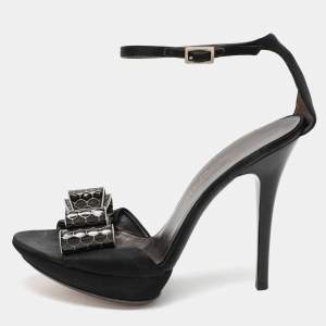 Salvatore Ferragamo Black Satin Bow Embellished Ankle Strap Sandals Size 38