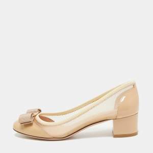 Salvatore Ferragamo Beige Patent And Mesh Vara Bow Pumps Size 36.5