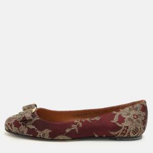 Salvatore Ferragamo Burgundy Lace and Lurex Fabric Ballet Flats Size 38