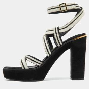 Salvatore Ferragamo White/Black Leather and Suede Ankle Strap Platform Sandals Size 40