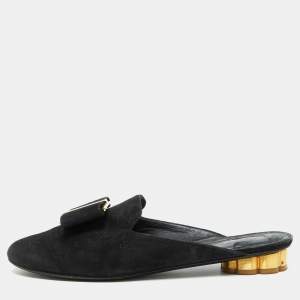 Salvatore Ferragamo Black Suede Bow Flat Mules Size 36.5