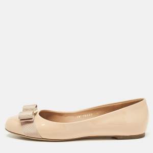 Pre Owned Salvatore Ferragamo Beige Patent Leather Vara Bow Ballet Flats Size 36.5