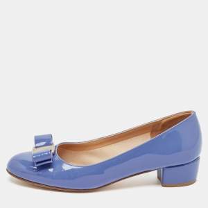 Salvatore Ferragamo Blue Patent Leather Vara Bow Block Heel Pumps Size 36.5