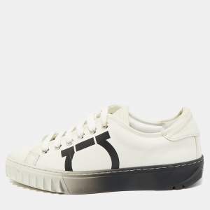 Pre Owned Salvatore Ferragamo White/Black Leather Gancini Logo Print Sneakers Size 35.5