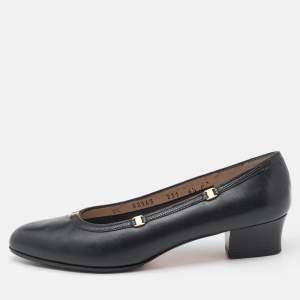 Salvatore Ferragamo Navy Blue Leather Logo Round Toe Pumps Size 37