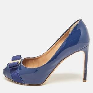 Salvatore Ferragamo Blue Patent Leather Vara Bow Peep Toe Pumps Size 37