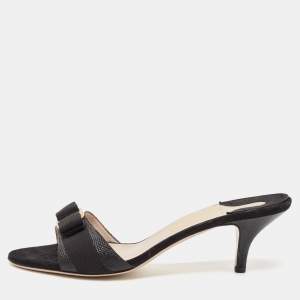 Salvatore Ferragamo Black Lizard Embossed Leather Vara Bow Slide Sandals Size 41