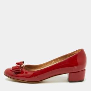 Salvatore Ferragamo Red Patent Leather Vara Bow Pumps Size 37.5