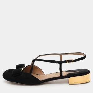 مملوكة مسبقًا Salvatore Ferragamo Black Suede Vara Bow Ankle Strap Flat Sandals Size 38.5