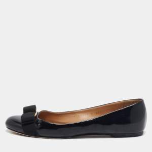 Salvatore Ferragamo Black Patent Leather Vara Bow Ballet Flats Size 37.5