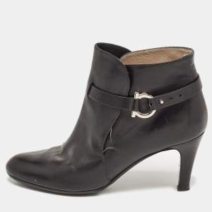 Salvatore Ferragamo Black Leather Gancini Ankle Length Boots Size 36.5