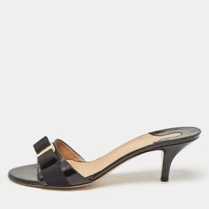Salvatore Ferragamo Black Patent Leather Glory Bow Slide Sandals Size 40.5
