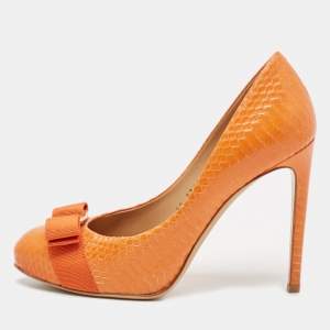 Salvatore Ferragamo Orange Snakeskin Vara Bow Pumps Size 37