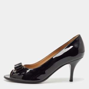 Salvatore Ferragamo Black Patent Leather Vara Bow Peep Toe Pumps Size 38