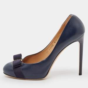 Salvatore Ferragamo Navy Blue Leather Vara Bow Pumps Size 41