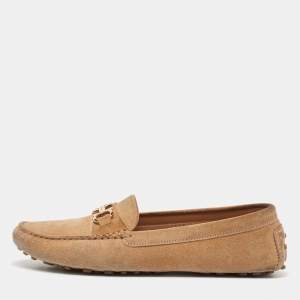 Salvatore Ferragamo Beige Suede Slip On Gancini Loafers Size 40