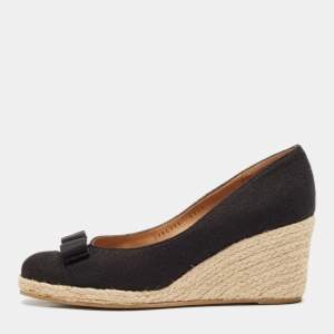Salvatore Ferragamo Black Canvas Vara Bow Darly Espadrille Wedge Pumps Size 40
