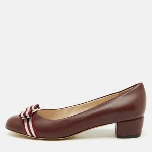 Salvatore Ferragamo Burgundy Leather Web Vara Bow Pumps Size 40.5