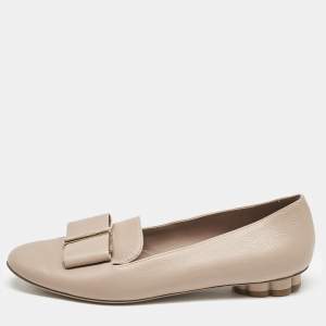 Salvatore Ferragamo Beige Leather Bow Smoking Slippers Size 37