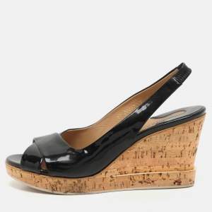 Salvatore Ferragamo Black Patent Leather Cork Wedge Slingback Sandals Size 39.5