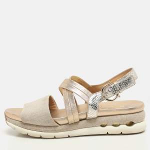 Salvatore Ferragamo Beige/Gold Canvas and Leather Gancini Platform Sandals Size 39
