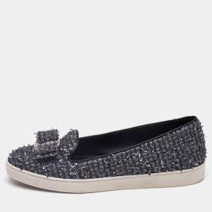 Salvatore Ferragamo Grey Tweed Novello Slip On Sneakers Size 37.5