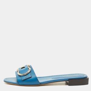 Salvatore Ferragamo Blue Leather Gancini Flat Slides Size 39.5