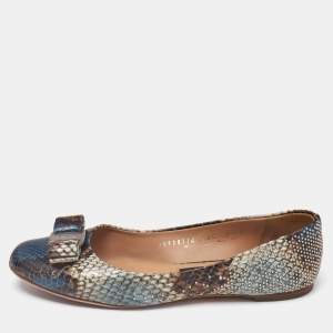 Salvatore Ferragamo Multicolor Python Embossed Leather Varina Bow Ballet Flats Size 37.5