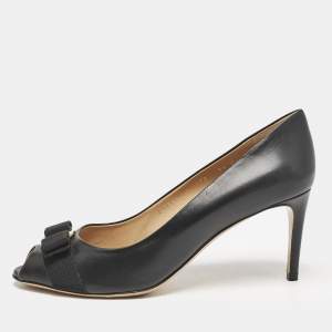 Salvatore Ferragamo Black Leather Pola Vara Bow Peep Toe Pumps Size 40