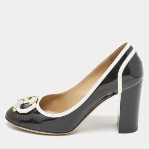 Salvatore Ferragamo Black/Cream Patent Leather Bow Pumps Size 38