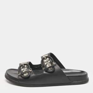 Salvatore Ferragamo Black/Off White Logo Print Fabric and Leather Gairo T Flat Slides Size 39.5