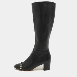 Salvatore Ferragamo Black Leather Cap Toe Nanni Knee Length Boots Size 35.5