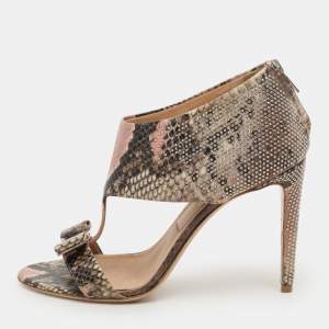 Salvatore Ferragamo Multicolor Python Embossed Leather Bow T Strap Sandals Size 39.5