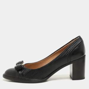 Salvatore Ferragamo Black Lizard Embossed Leather Vara Bow Block Heels Pumps Size 39