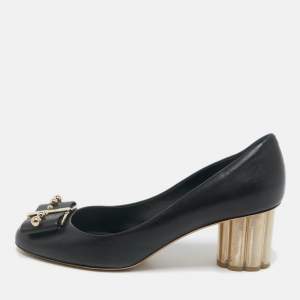 Salvatore Ferragamo Black Leather  Vara Bow Studded Block Heel Pumps Size 40.5