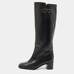 Salvatore Ferragamo Black Leather Gancini Knee Length Boots Size 38