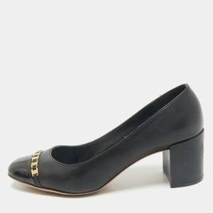 Salvatore Ferragamo Black Patent and Leather Vara Chain Pumps Size 37