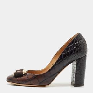 Salvatore Ferragamo Brown Alligator Leather Vara Bow Block Heel Pumps Size 39.5