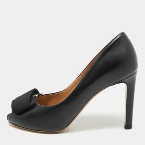 Salvatore Ferragamo Black Leather Pimpa Peep Toe Pumps Size 38.5
