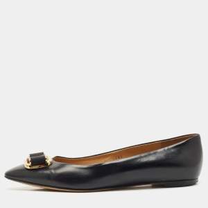 Pre Owned Salvatore Ferragamo Black Leather Vara Bow Ballet Flats Size 40.5