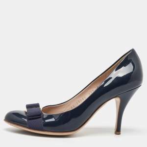 Pre Owned Salvatore Ferragamo Blue Patent Leather Vara Bow Pumps Size 38.5