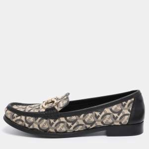 Salvatore Ferragamo Beige/Black Canvas and Leather Gancini Loafers Size 41