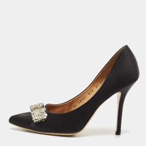 مملوكة مسبقًا Salvatore Ferragamo Black Satin Crystal Embellished Vara Bow Pumps Size 40