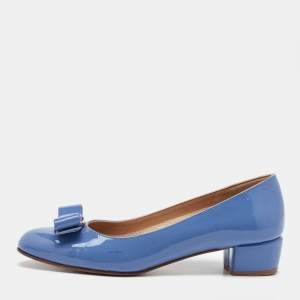 Salvatore Ferragamo Light Blue Patent Leather Vara Bow Pumps Size 36.5