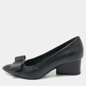 Pre Owned Salvatore Ferragamo Black Leather viva bow Block Heel Pumps Size 37.5