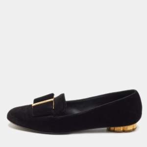 Pre Owned Salvatore Ferragamo Black Velvet Bow Sarno Flower Heel Loafers Size 36