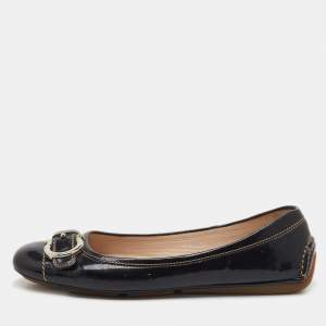Pre Owned Salvatore Ferragamo Black Patent Leather Gancio Ballet Flats Size 38.5