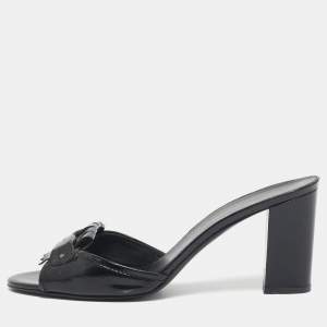 Pre Owned Salvatore Ferragamo Black Patent Leather Fringe Bow Slide Sandals Size 41