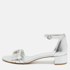 Pre Owned Salvatore Ferragamo Silver Leather Gancini Ankle Strap Sandals Size 40.5