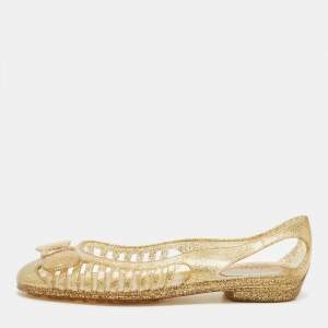 Pre Owned Salvatore Ferragamo Gold Glitter Jelly Bow Ballet Flats Size 37.5